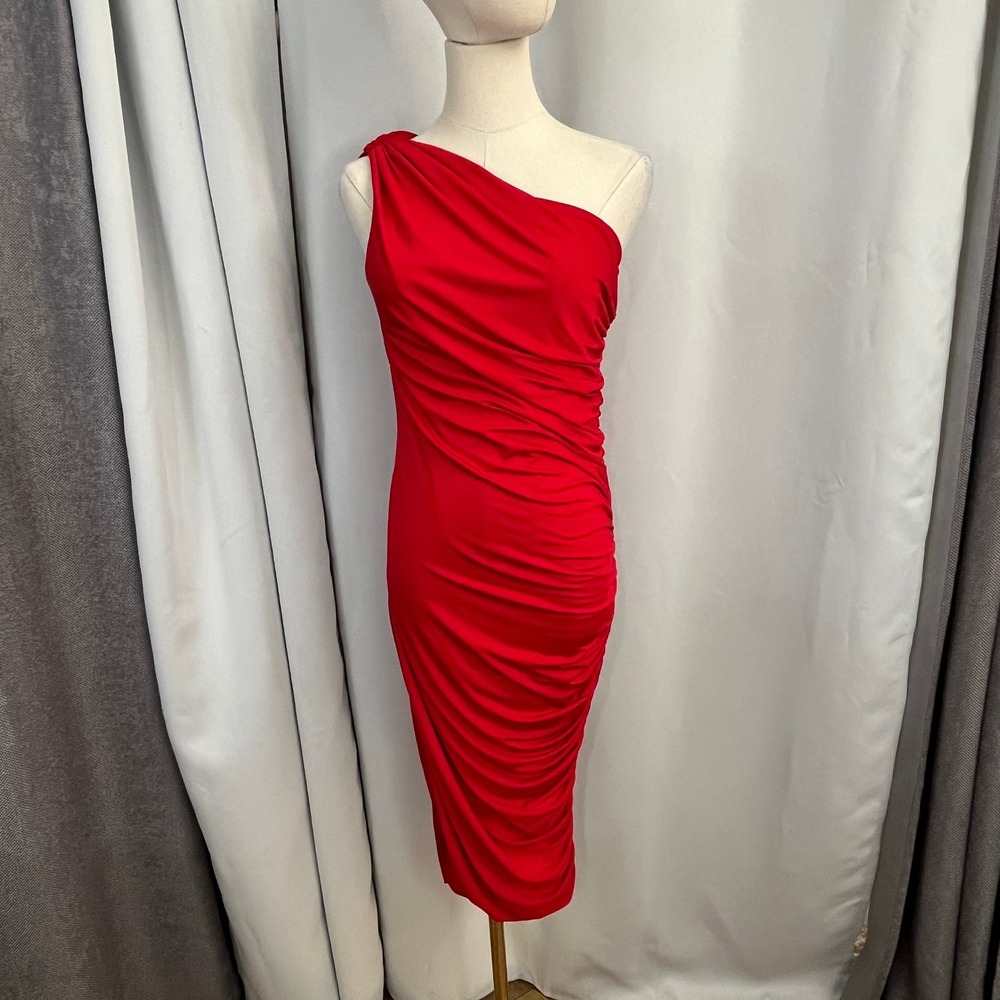 PattyBoutik Women's S One-Shoulder Red Ruched Midi Dress Glam Dopamine Evening